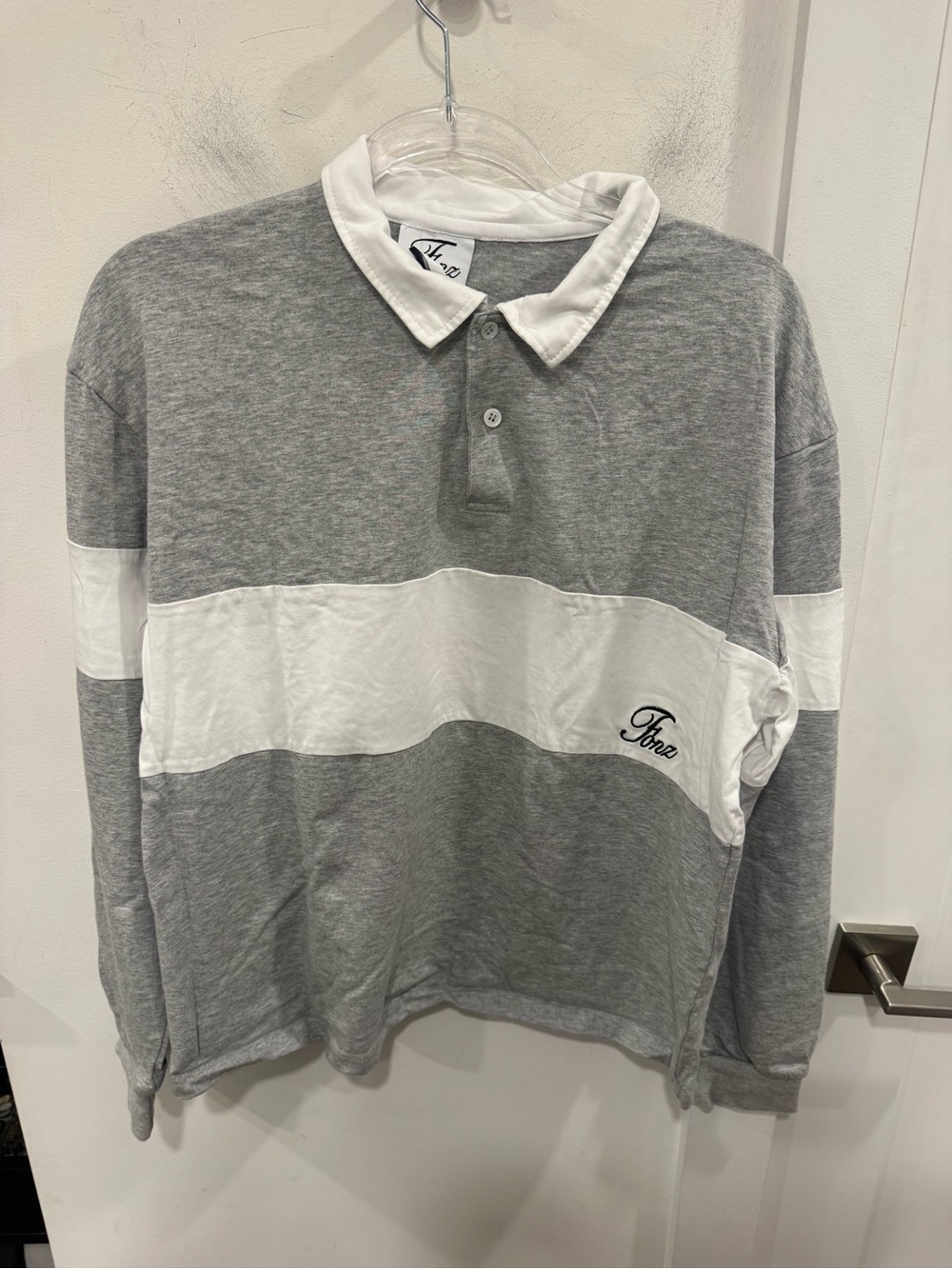 Fonz Grey and White Long-Sleeve Rugby Polo